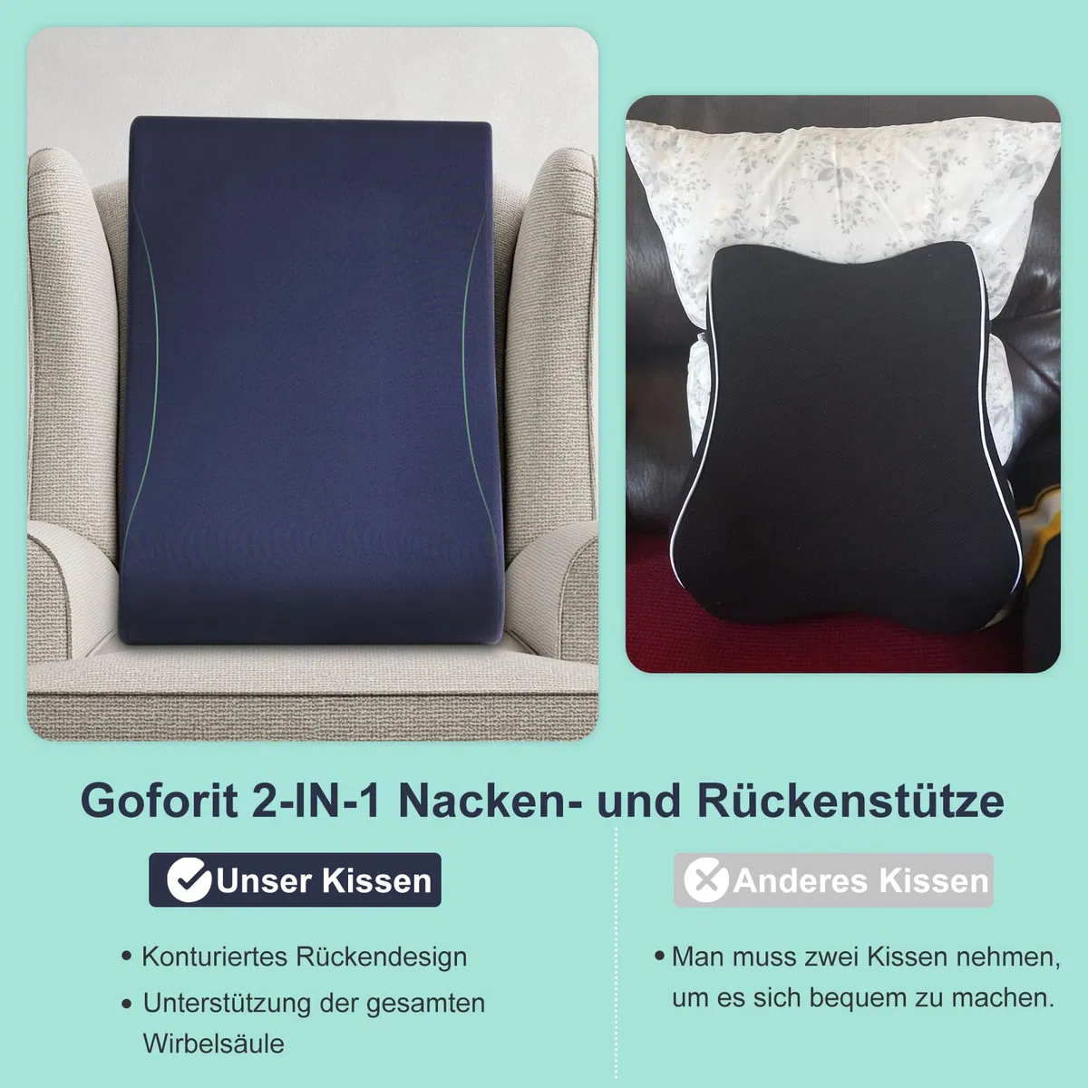 GOFORIT Cuscino ergonomico per sedia a sdraio e sedia a dondolo, 68 cm, extra alto, morbido cuscino 2 in 1 per collo e lombare, antiscivolo, lavabile, per divano e sedia da ufficio