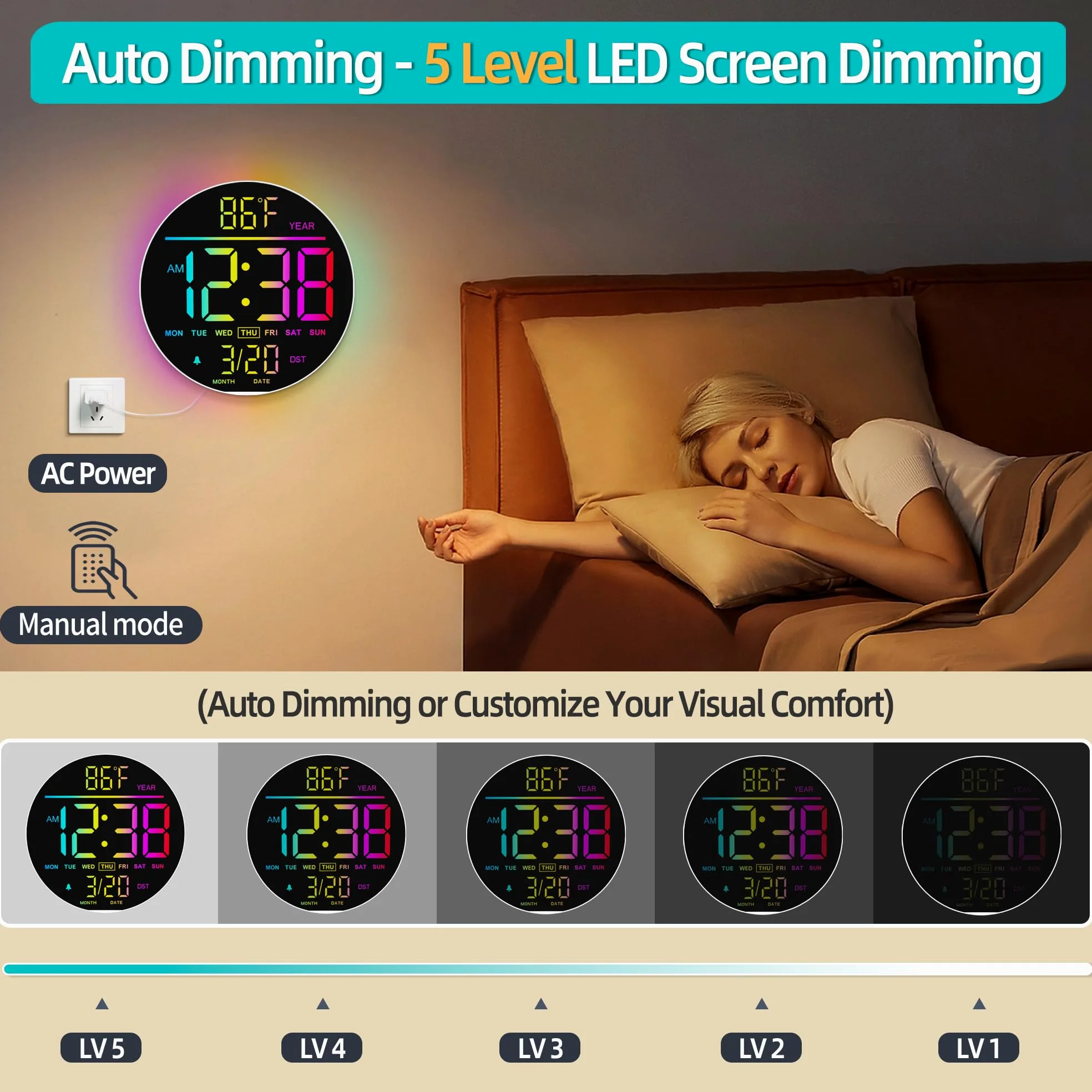 Maxstar Orologio Digitale da Parete 10" Grande con Telecomando, Display LED Moderno 8 RGB, Luminosità Auto, Termometro, Decorativo Sveglia - Ideale per Soggiorno, Camera da Letto, Cucina - Bianco