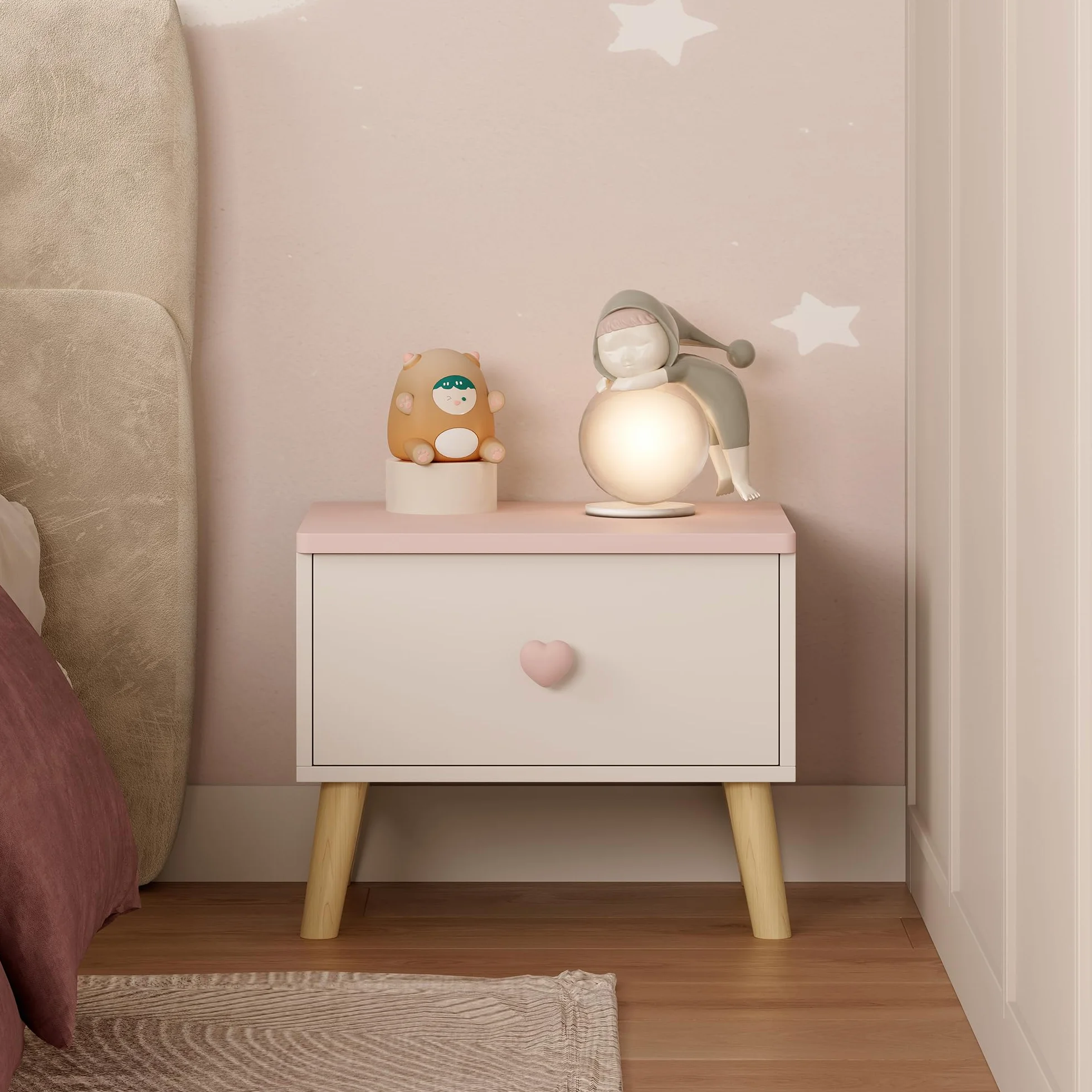[en.casa] Comodino per Bambini Tavolino con Cassetto per Cameretta Mobiletto Basso per Fianco Letto o Zona Gioco 31 x 38 x 30 cm Bianco/Rosa