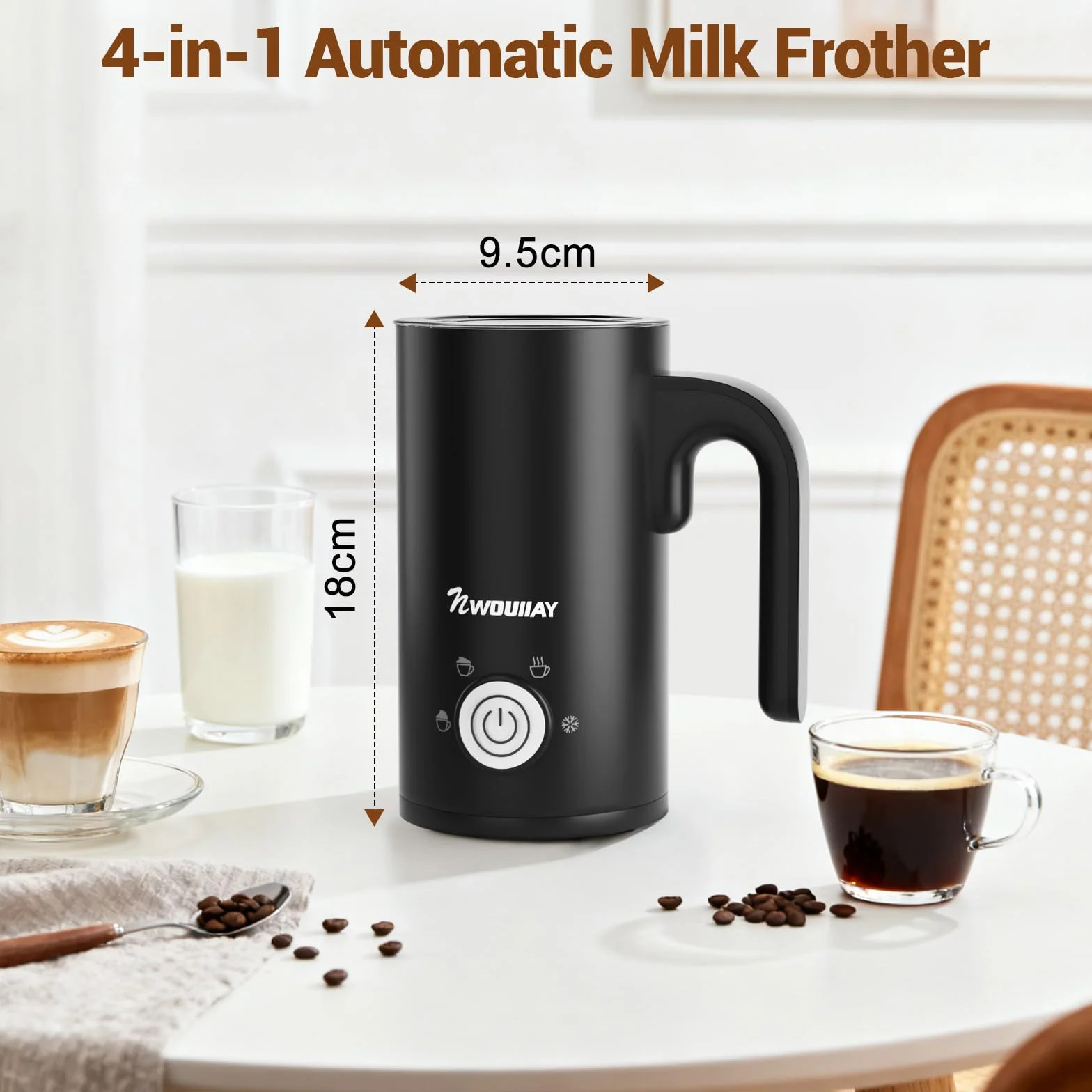 Montalatte Elettrico 4 in 1 Cappuccinatore Elettrico 300ML 600W Silenzioso con Manico per Caldo e Freddo Schiuma di Latte Rivestimento Antiaderente per Latte Cappuccino Macchiato