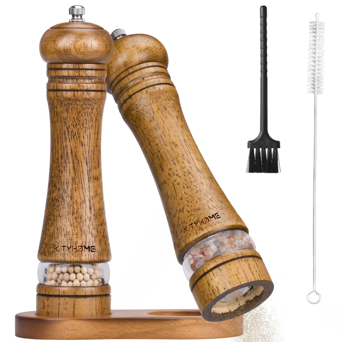 Set Macina Sale e Pepe in Legno, 2pcs Macinapepe Regolabile, Manuale Macina Pepe Con Sottovaso e Finestre Trasparenti, 2 Pennello per la Pulizia (21cm)