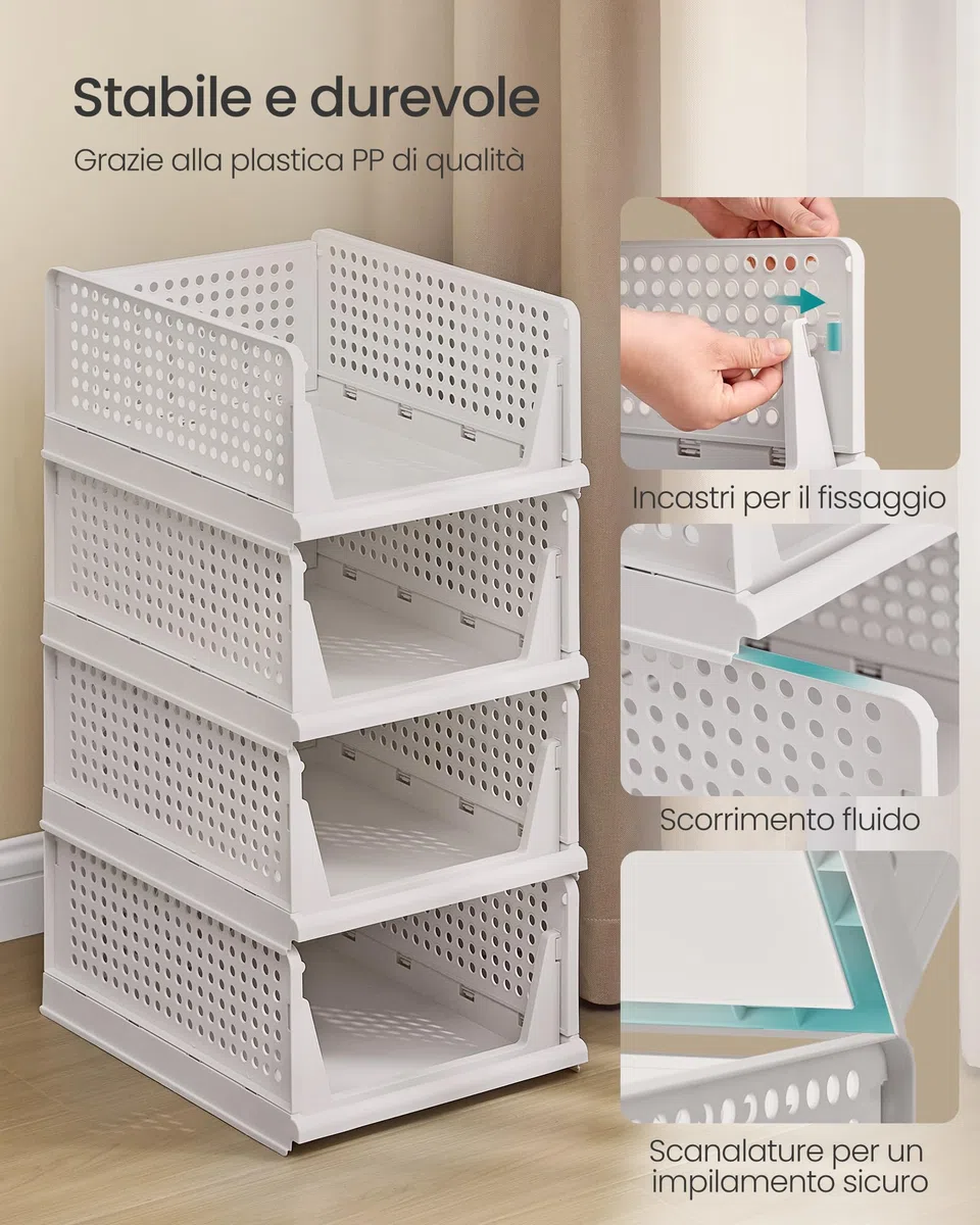 SONGMICS Organizer per Armadio Pieghevole, Set di 6 Organizzatori Cesti Impilabili Scorrevoli per Armadio, Cassetti in Plastica per Camera da Letto Ufficio Bagno, Bianco LPC600WZ01