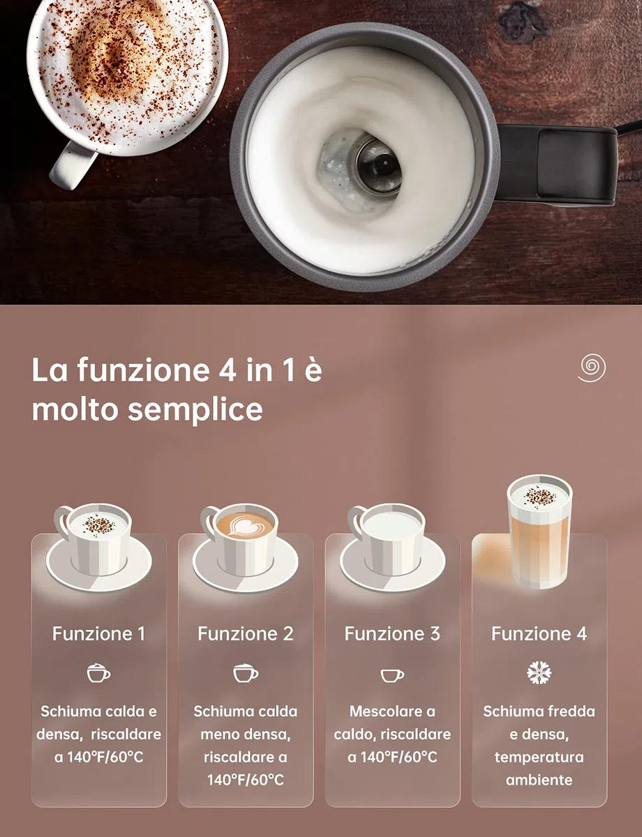 Yissvic Montalatte Elettrico Cappuccino 4 in 1 Schiumatore 600W 300ml Montalatte in Acciaio Inox Rivestimento Antiaderente per Caffè, Latte, Cappuccino, Nero