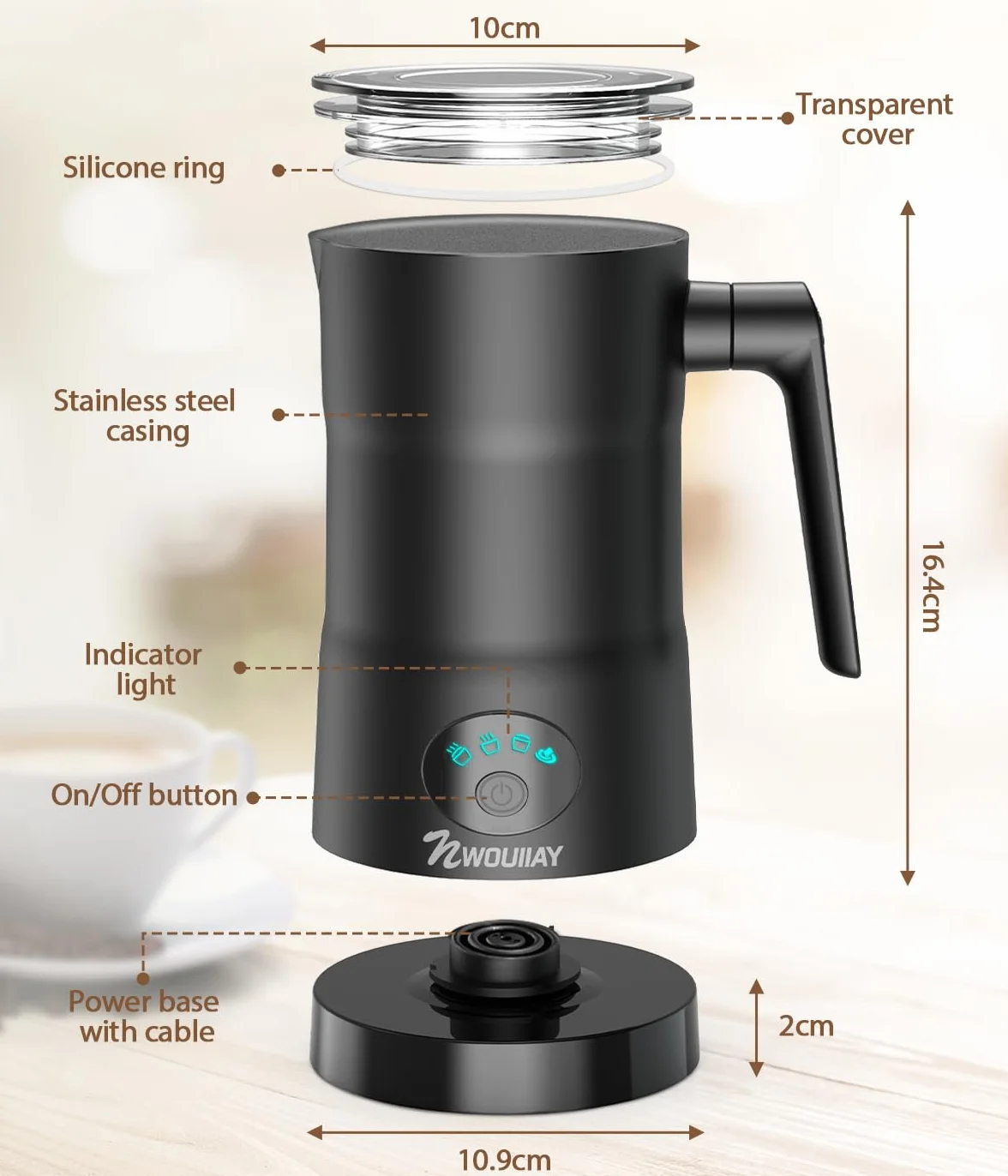 Montalatte Elettrico 600W 350ML 4 IN 1 Cappuccinatore Elettrico Macchina per Schiuma Automatico Latte Calda Fredda Montalatte per Cappuccino Macchiato Caffè Latte e Cioccolata Calda