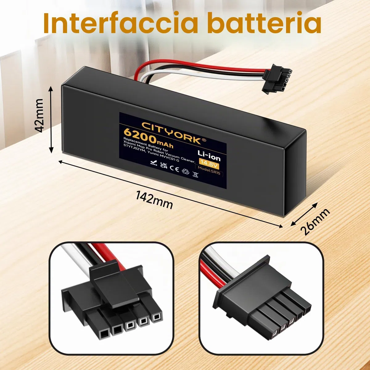 CITYORK Litio 14,4V 6200 mAh Batteria di ricambio per Xiaomi Mop 2s/ Mop p/Mop pro, per Xiaomi Mijia STYTJ02YM, per Conga 3290 3390 3490 3590 3690 3790 3890 Batteria spazzatrice