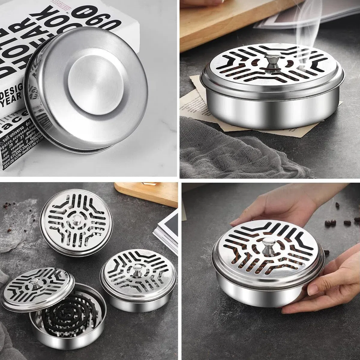 Supporto per bobine di zanzariera, 4 pezzi, in acciaio inox, portatile, con 4 spazzole, porta bobine per zanzare, spirali, supporto per zanzare