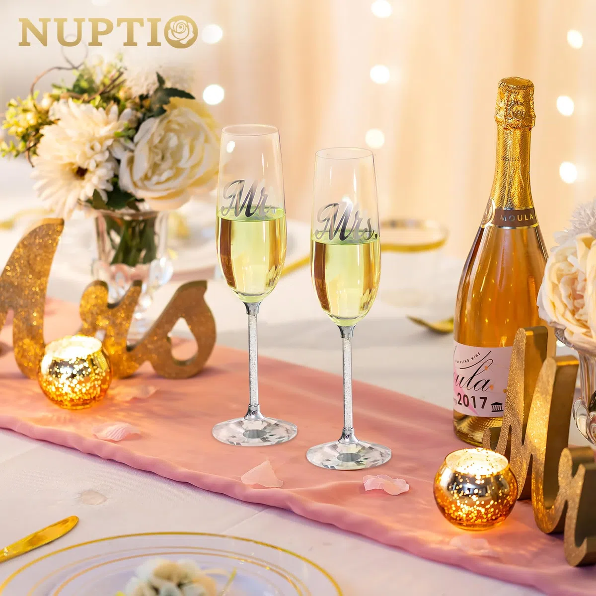 Nuptio Bicchieri Cristallo Champagne Personalizzati: Set di 2 Flute Champagne per Matrimonio con Confezione Regalo Legno Mr & Mrs Sposa Sposo Fidanzamento Anniversario e Festa Compleanno