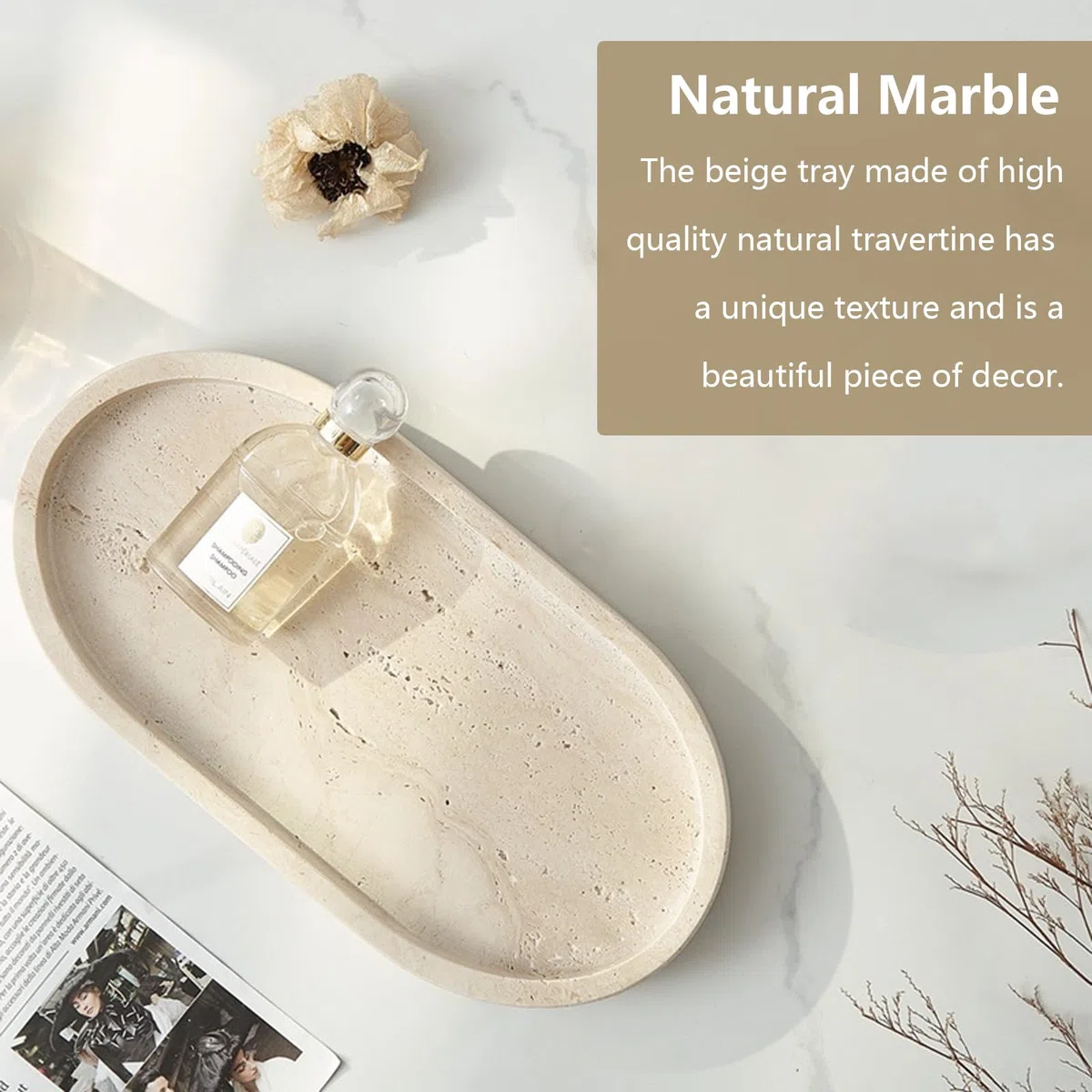 Vassoio decorativo, motivo marmo, vassoio per gioielli, marmo naturale, beige, piatto ovale decorativo, profumo, cosmetici, gioielli, candele, chiavi, vassoio per soggiorno e camera da letto
