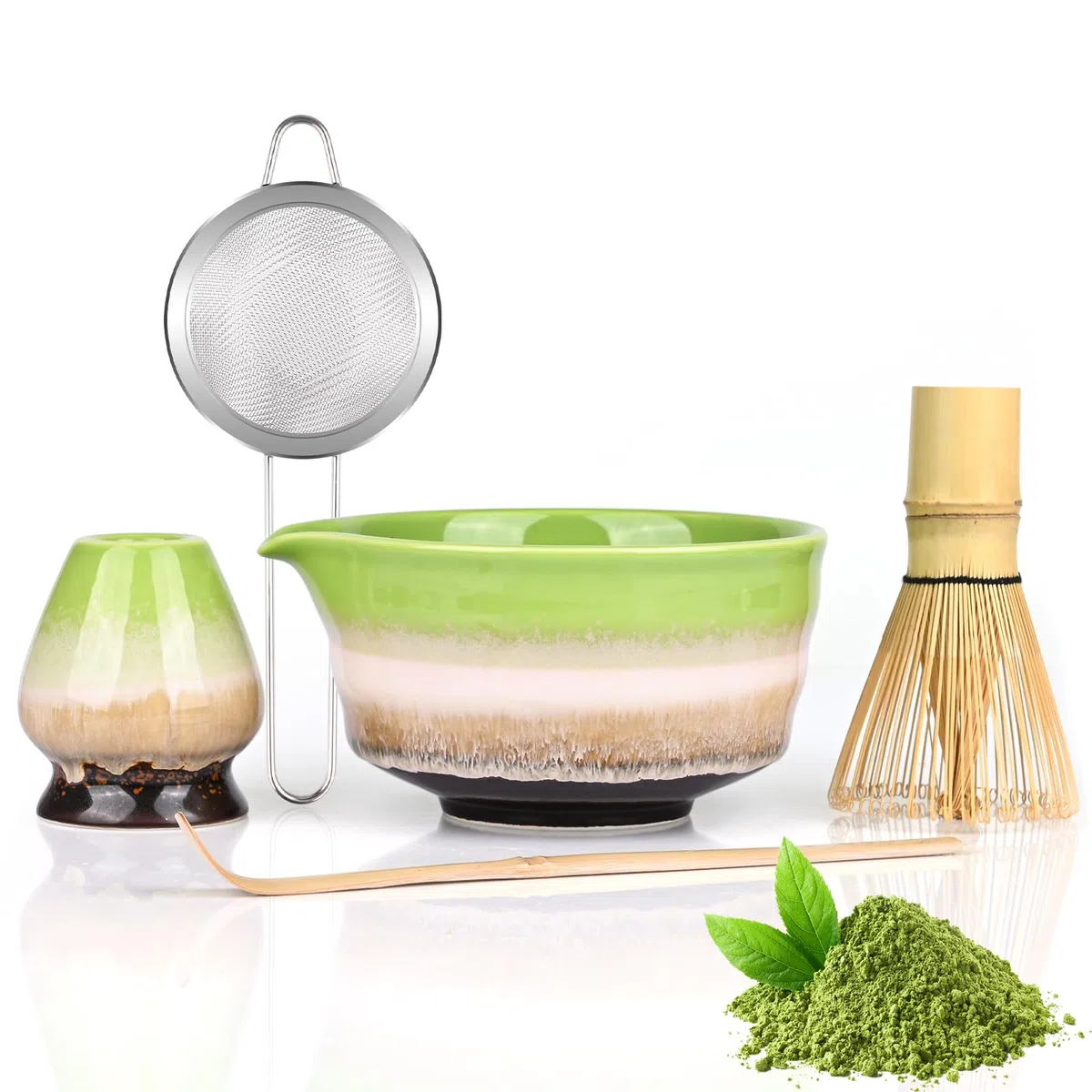 5 Set Matcha,Matcha Cerimoniale,Matcha set da tè matcha,con Frusta Matcha in bambù cucchiaio ciotola e supporto,regalo per gli amanti del matcha