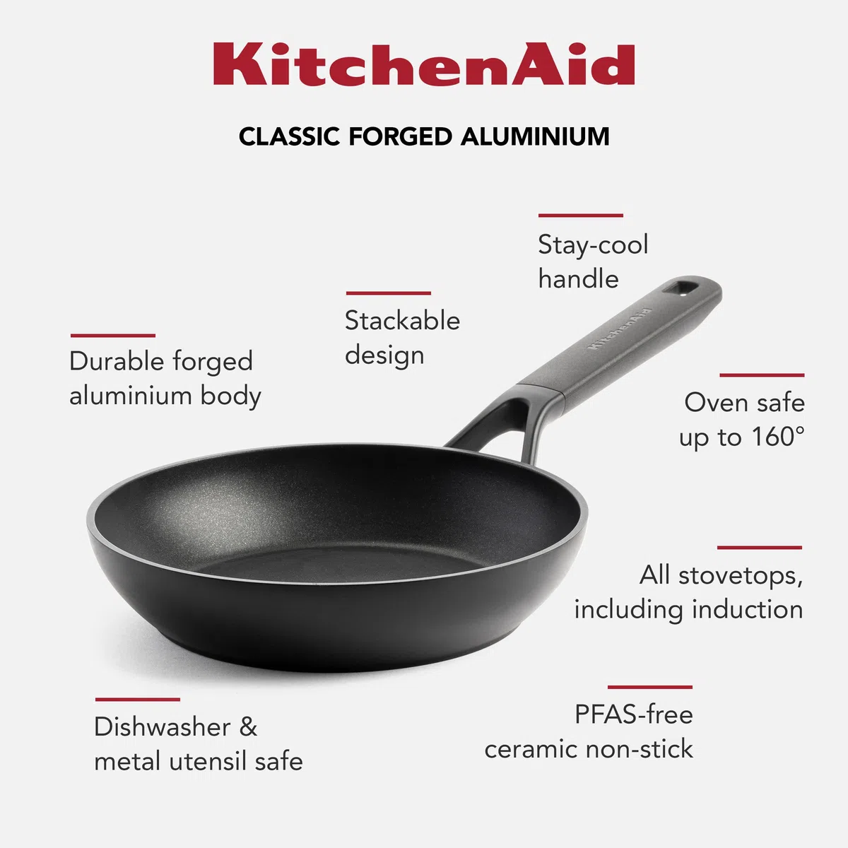 KitchenAid Classic Forged Aluminium Padella in Alluminio duro anodizzato, Senza PFAS, Ceramica antiaderente, 20 cm, Adatte a Tutti i Tipi di Fornelli, Induzione, Forno e Lavastoviglie, Nero