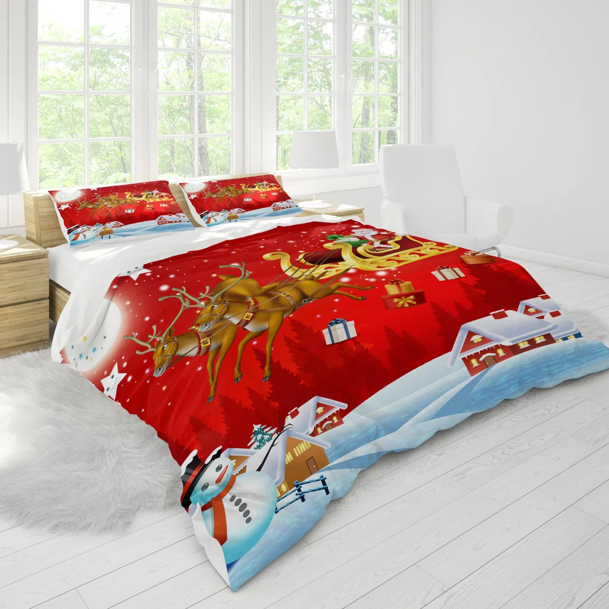 Set Copripiumino Natalizio Regalo Set,Tema Buon Natale Microfibra Copripiumino con Federe, per bambini e bambine Set di Biancheria da Letto Decorazione Natalizia per Interni (220x240cm, Natalizio E)
