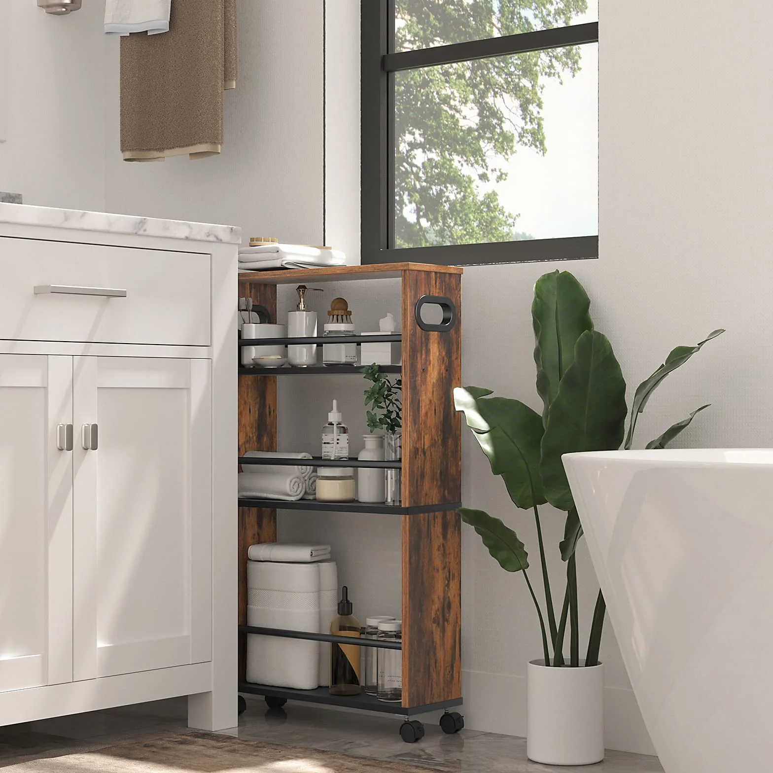 HOOBRO Carrello di Servizio, Carrello da Cucina a 4 Ripiani, Stretto, con Rotelle Bloccabili, Bordi Rialzati Montaggio Facile, in Cucina, Bagno, Soggiorno, Marrone Vintage, EBF15TC01