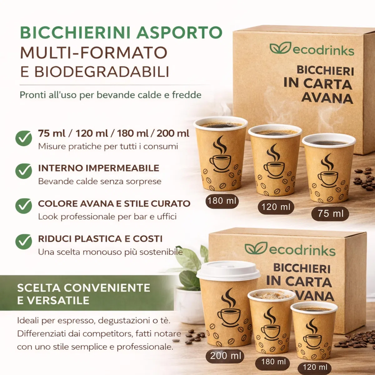 1000 Bicchieri di Carta con Coperchio da 120ml - Rivestimento Interno Impermeabile, Biodegradabile, Look Professionale - Per Bar, Ufficio, Eventi - Colore Avana e Grafica Caffè