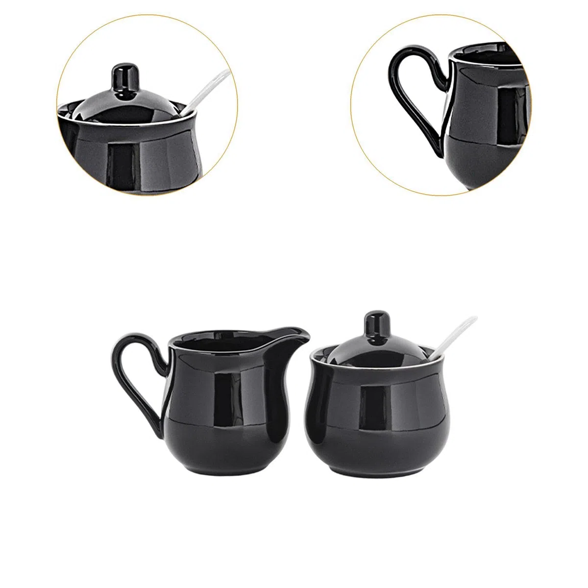 perfk Set di Zuccheriera e Lattiera in Ceramica, Zuccheriera Moderna con Coperchio e Cucchiaio, Saliera da Tavola, Robusto e Elegante, Set da Porta Sale Zucchero Caffè per Uuso Domestico, Nero