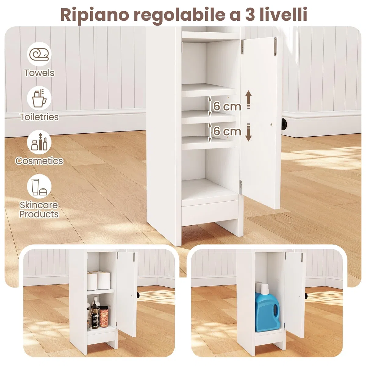 LIFEZEAL Armadietto portaoggetti da bagno stretto, mobile angolare compatto con porta chiusa e ripiani regolabili, mobile portaoggetti per bagno, lavanderia, soggiorno (bianco)