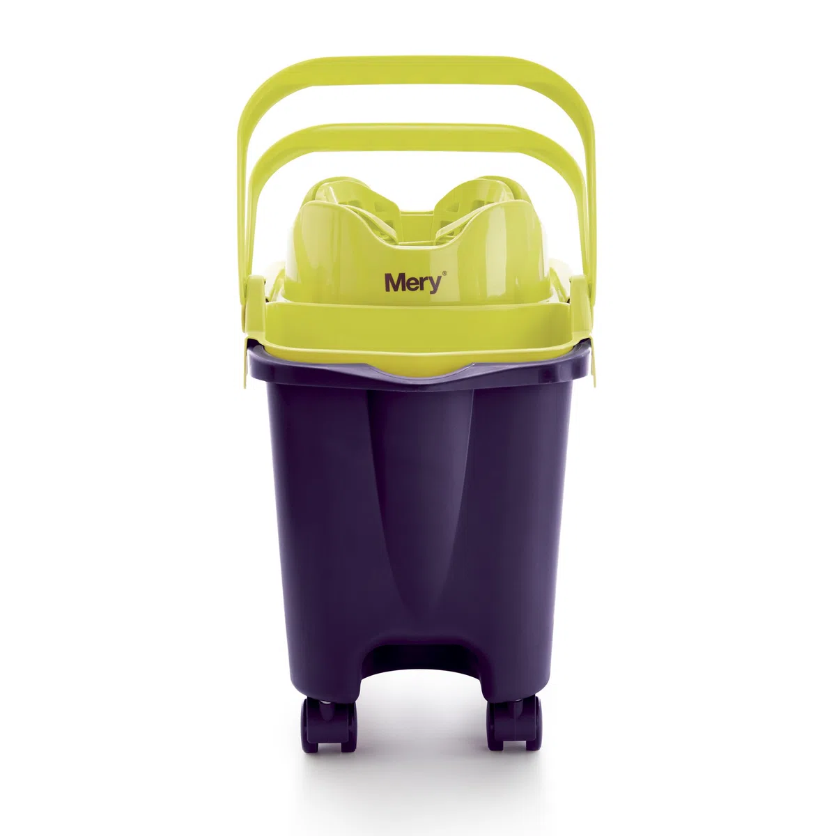 Mery - Cubo Strizzatore Automatico con Sistema a Molla, 4 Ruote Girevoli, e Canalizzazione per Lo Scolo, Adatto a Tutti i Mop, Viola e Giallo, 14 L