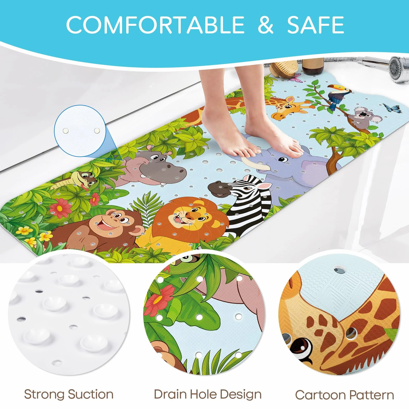 SHUCHING Tappetino Vasca Antiscivolo Bambini, Tappetino Doccia Antiscivolo Lungo 100x40cm, Tappeto Vasca da Bagno Bambini Antimuffa e Lavabile in Lavatrice, Animale dei Cartoni Animati