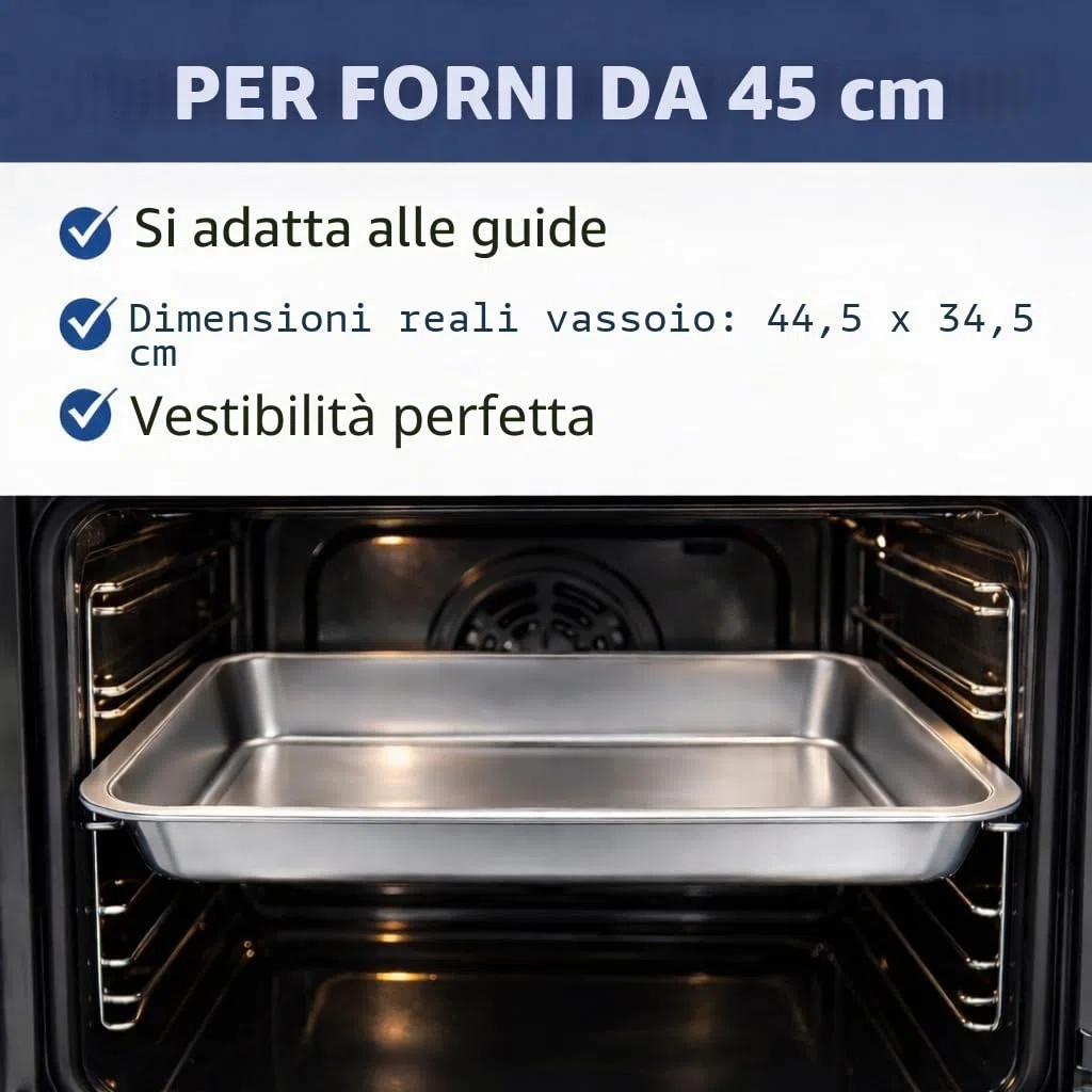 Vassoio da forno professionale in acciaio inox, antiaderente e resistente, dimensioni 45 x 35 x 4,8 cm, ideale per cuocere e servire
