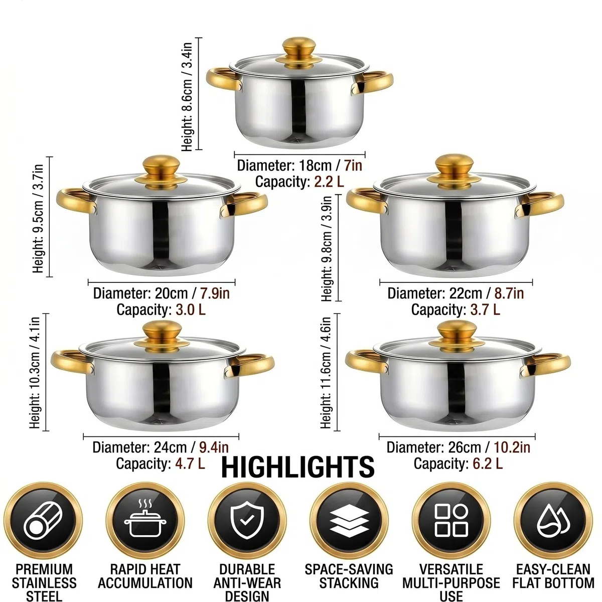 Set di pentole in acciaio inox, set di pentole in acciaio inox con due manici, set di 10 pentole con coperchi, per fornelli a gas, elettrici, a induzione, in vetroceramica e alogeni