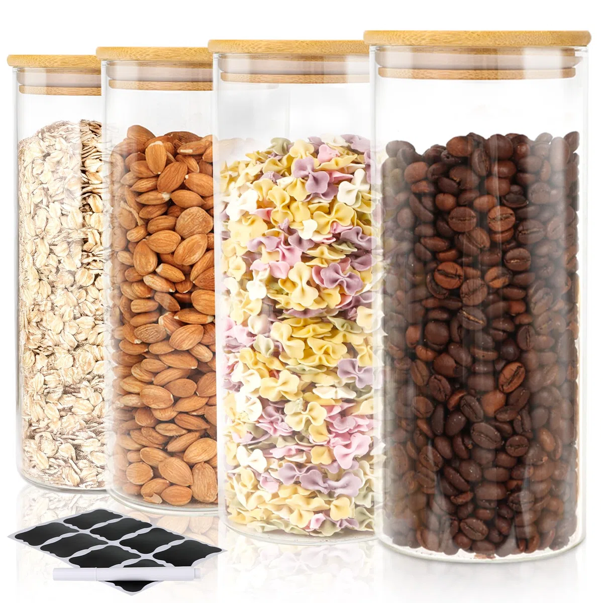 FoiiLiio Barattoli Vetro con Coperchio Set di 4 Barattolo Vetro con Coperchio in Bambù 1000ml, Ermetici, per Spezie, Noci, Cereali - Φ8.5x20cm