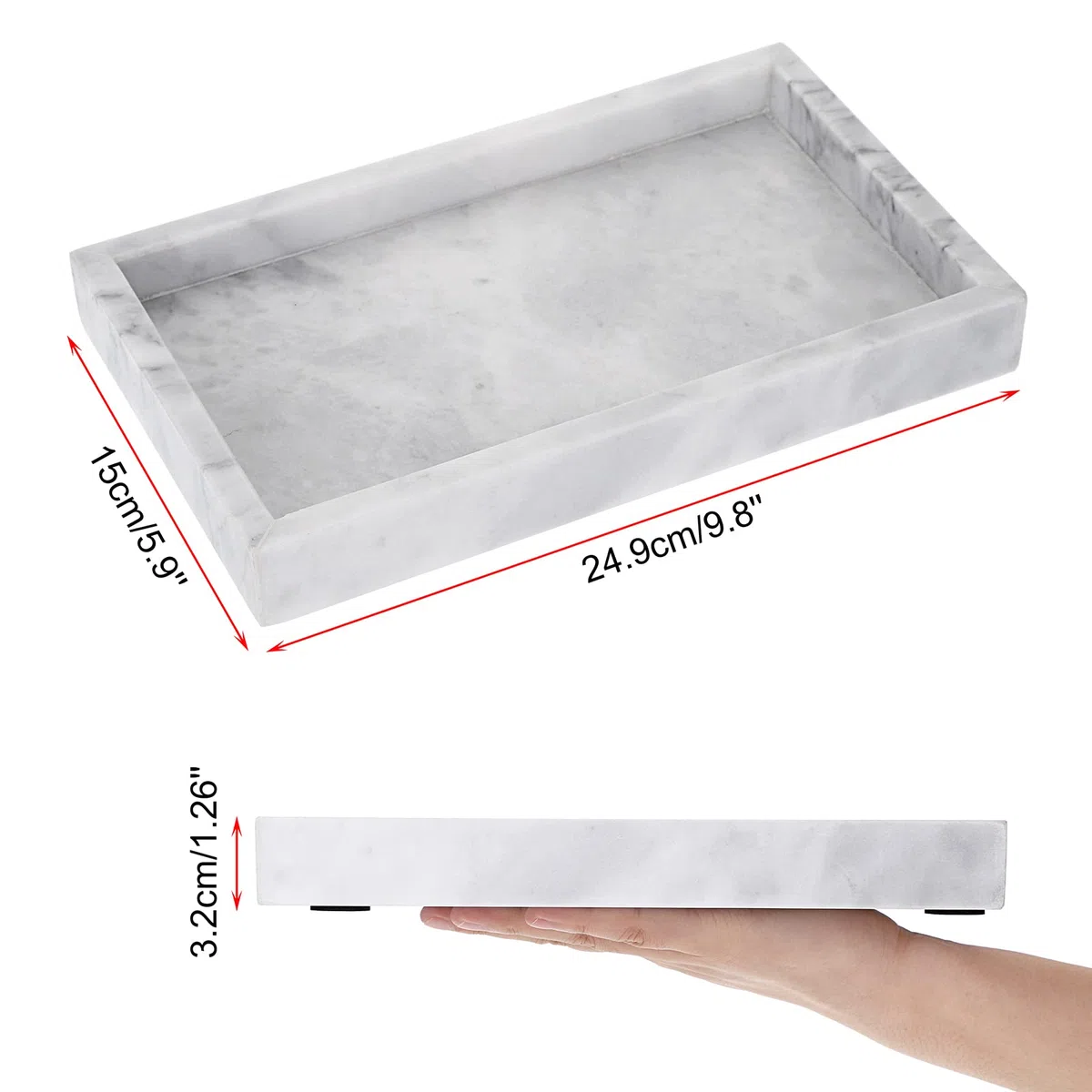 BSTKEY Vassoio da portata rettangolare in marmo naturale, vassoio per gioielli, vassoio decorativo per bagno, vassoio portaoggetti per vasca da bagno, 25 x 15 cm (grigio)