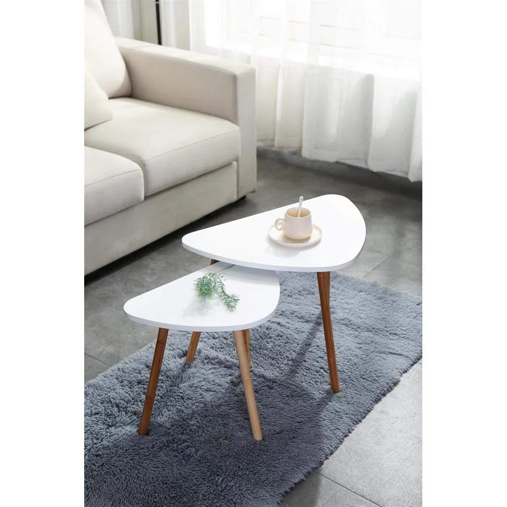 Set 2 Tavolini da Caffe Bianchi in Legno Scandivavi 60x40xH45 E 46x30xH41 Minimalisti Appoggio Piante Vasi Comodino Legno MDF. Tavolini Salotto