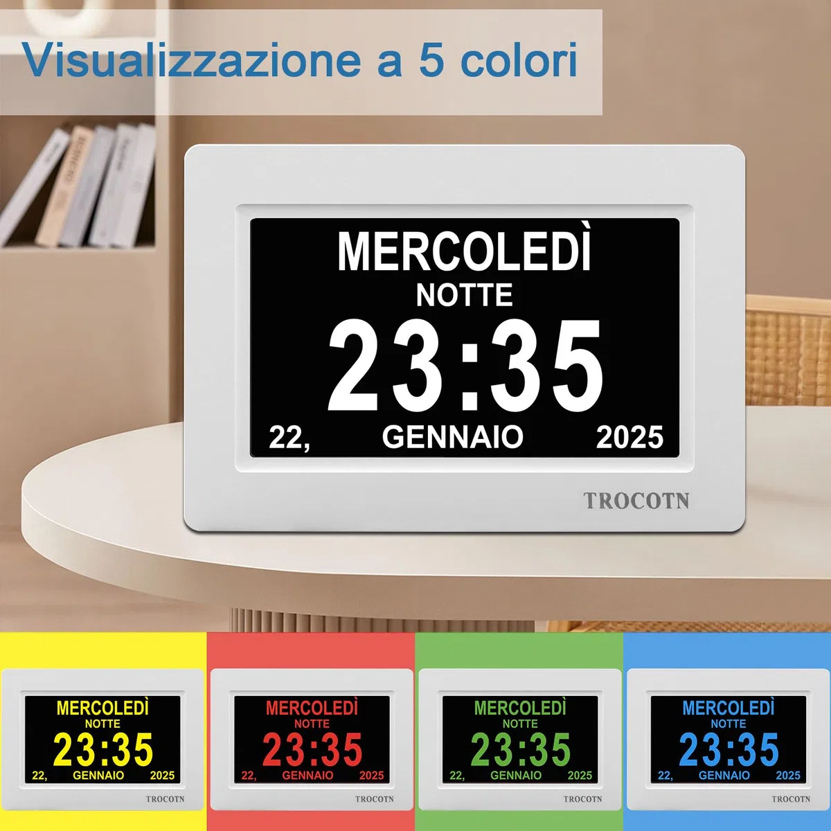 TROCOTN Orologio digitale da 7 Pollici Calendario Orologio da parete con ampio display Sveglia (Bianco)