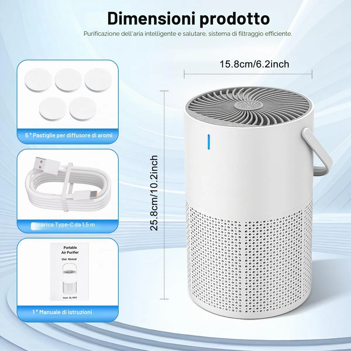 Purificatore d'Aria con Filtro HEPA,Depuratore aria,Purificatore aria,Air purifier,Sensore Intelligente,con Spugna Aromatica,Purificatore d'Aria per Allergie,per Camera Letto,Bagno,Soggiorno
