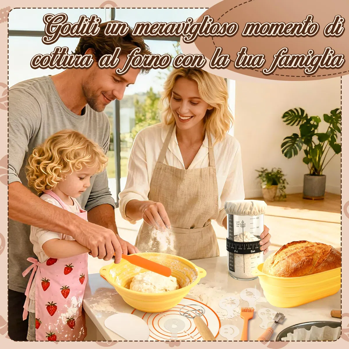 Charmofun Set di Cestini Lievitazione Pane, Kit Completo per Pasta Madre, 2 Cestino Pane Silicone, Kit Preparazione Pane in Casa, Regalo per Principianti e Panettieri Esperti