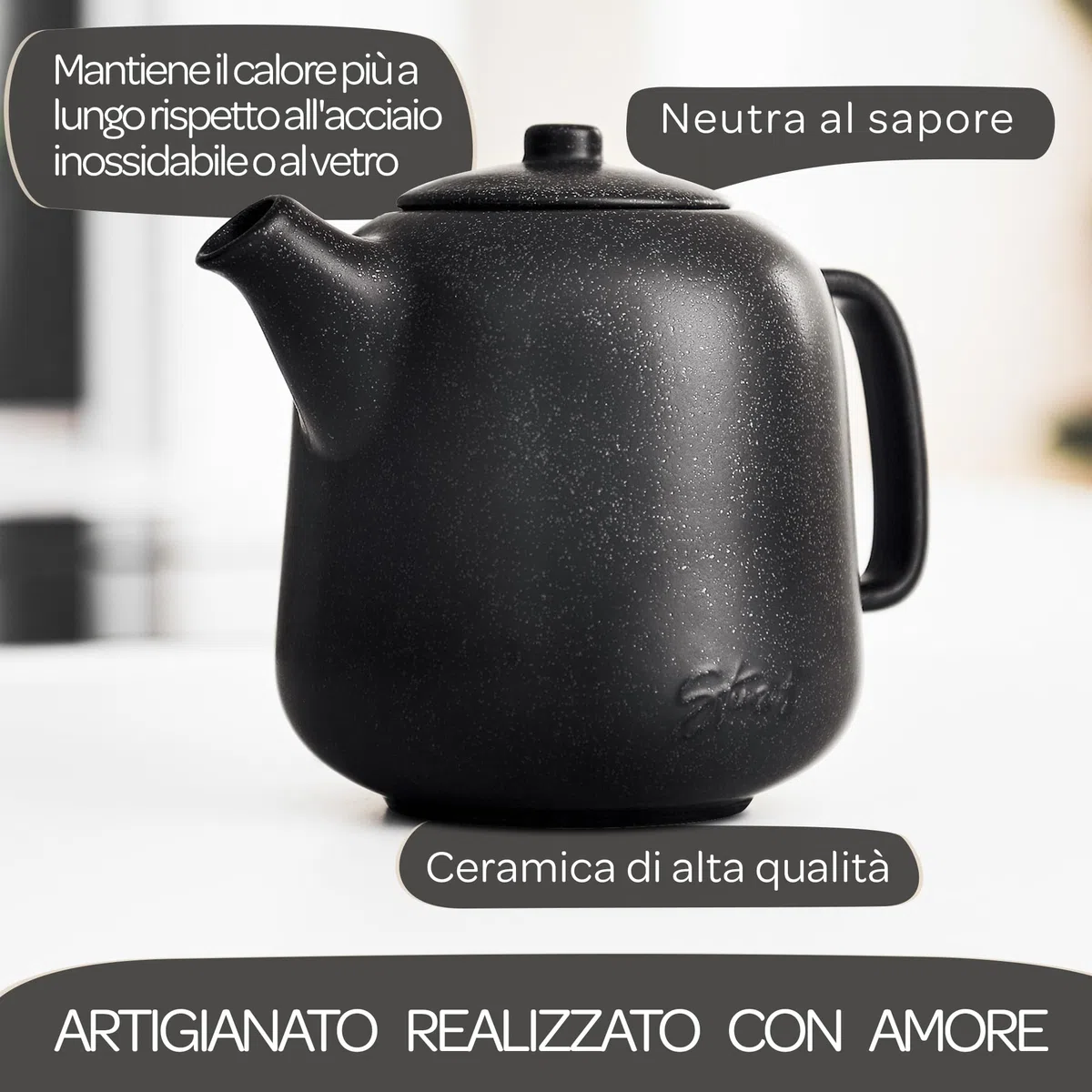 STEINZEIT Design Teiera con infusore (1,3L) - Teiera con filtro in acciaio inossidabile 304 - Teiera ceramica con smaltatura unica e filtro estraibile - Teiera nera