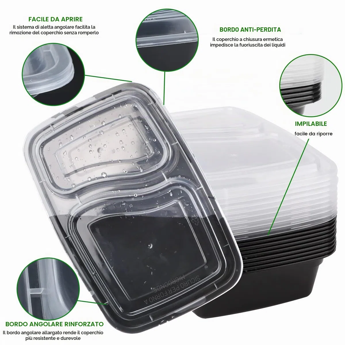 Contenitori per alimenti con 2 scomparti,20 Pack BPA free Contenitori di plastica impilabili, riutilizzabili 32 oz Bento lunch box-Suit per microonde, freezer