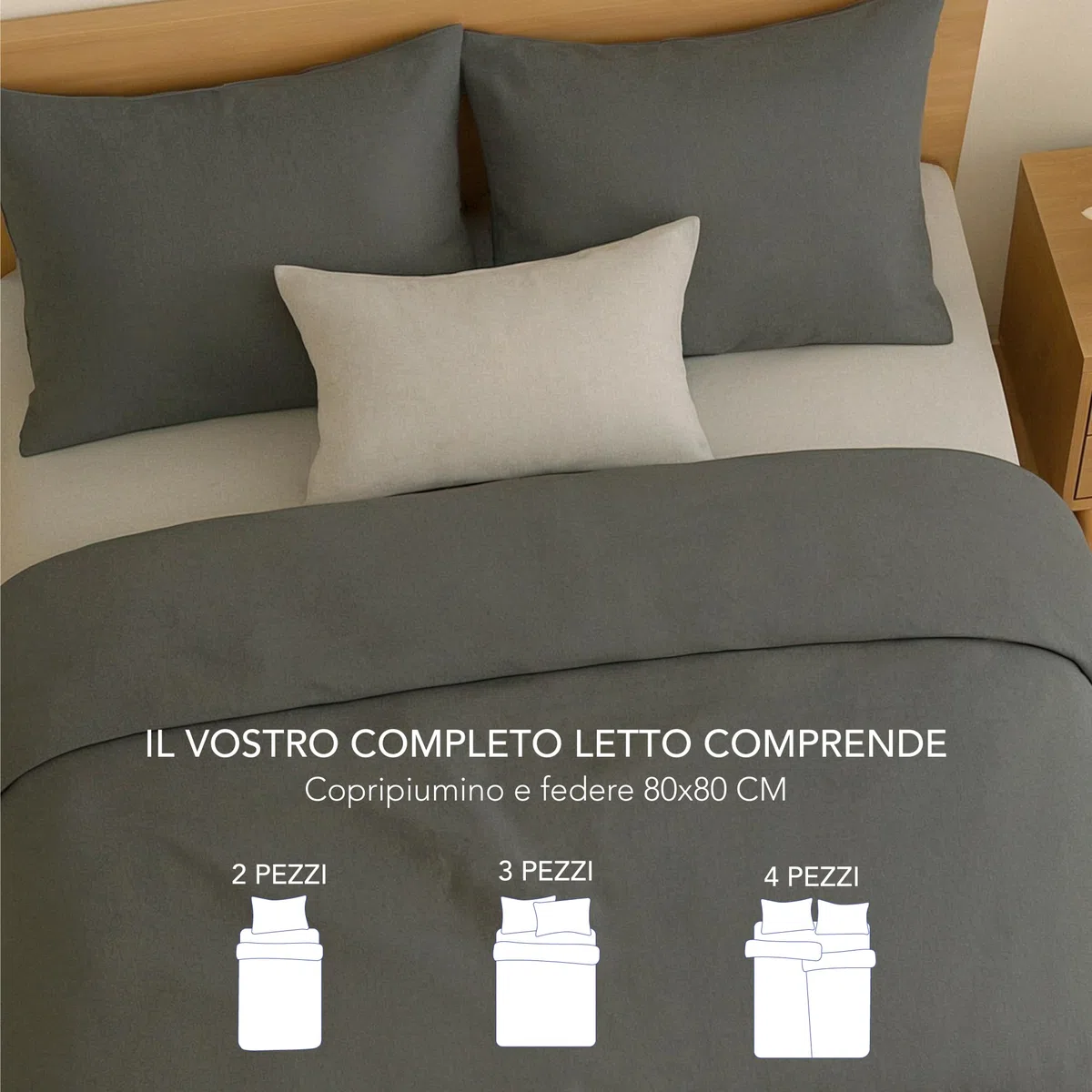 Dreamzie Copripiumino Singolo Cotone Rinforzato - Grigio Scuro - Copripiumino 2x 135x200 e 2x Federe 80x80 cm - Certificato Oeko-Tex - 4 Pezzi