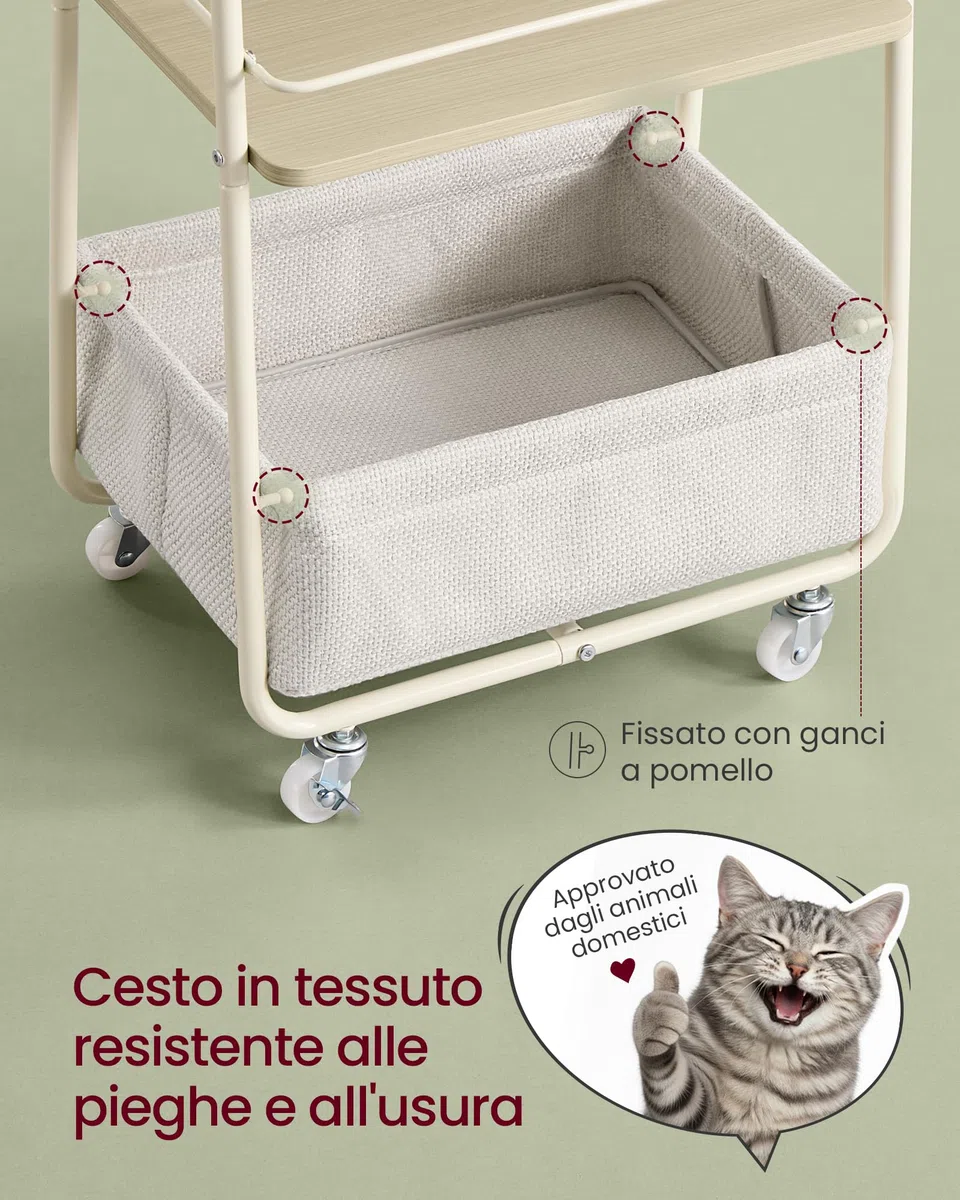 VASAGLE LILEA Collezione - Carrello Portaoggetti con Cesto in Tessuto, Carrello a 3 Ripiani con Ruote, Carrellino per Soggiorno Camera da Letto Cucina, Beige Naturale e Bianco Crema LRC001LL02