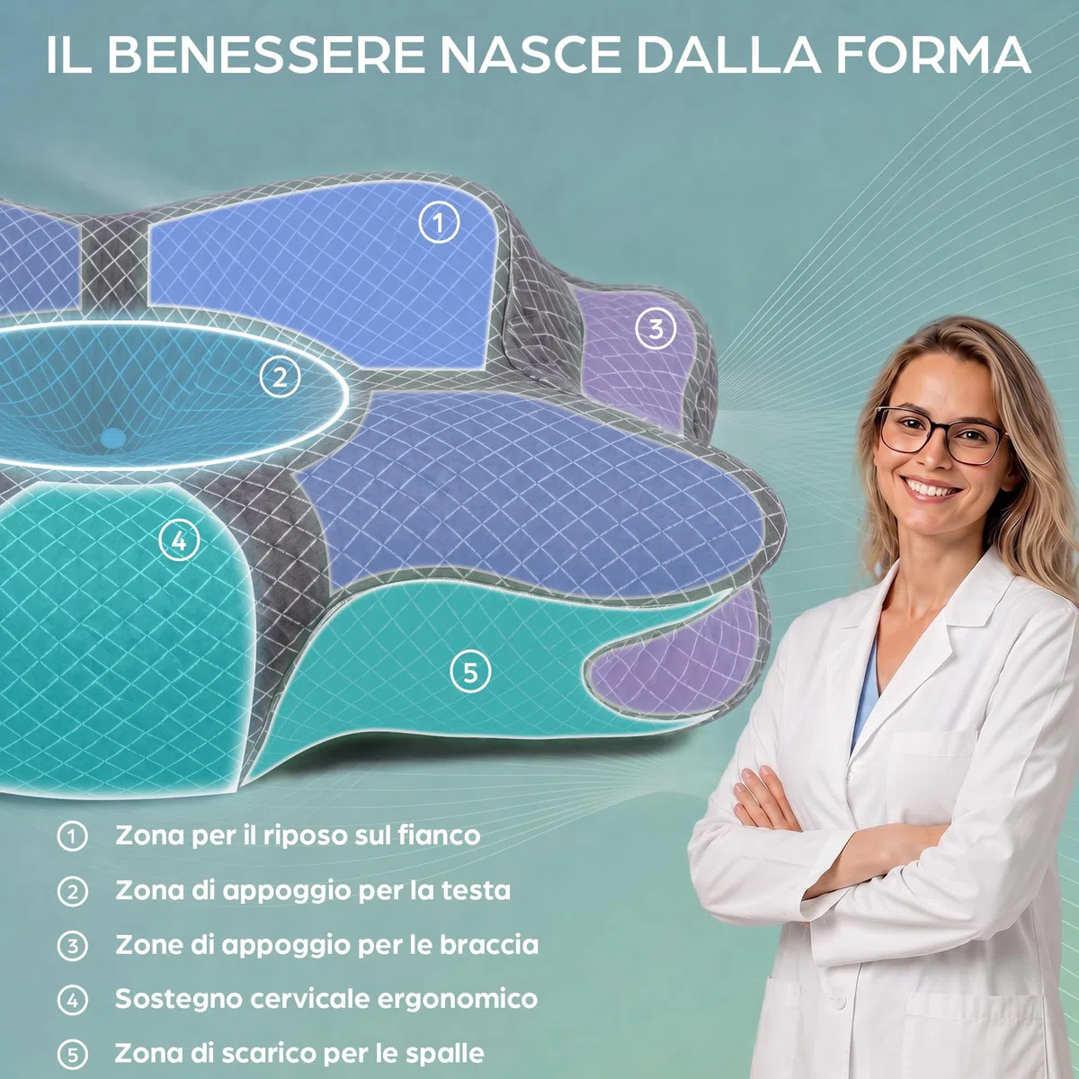 Cuscino Cervicale per Dormire | Cuscino Memory Foam Cervicale Anatomico OEKO-TEX | Cuscino per Cervicale Ergonomico Supporto al Collo | Guanciale Anallergico Sfoderabile e Lavabile Federa Traspirante