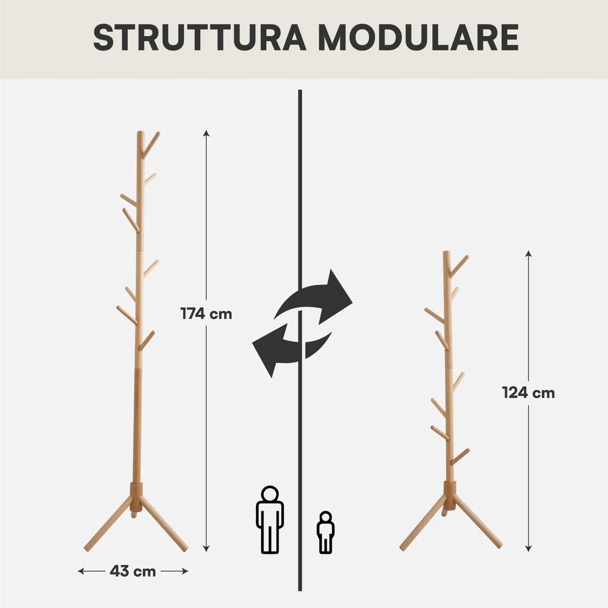 Eurocali Appendiabiti Attaccapanni in Legno Naturale con 8 Ganci e Struttura Modulare 2 Altezze - per Cappotti Giacche Cappelli e Borse - Portabiti Ingresso e Ufficio - 174/124x43cm
