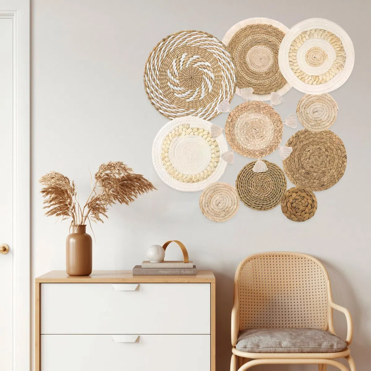Decorazioni per Paniere da Parete Boho Set di Paniere da Parete Intrecciati Arte Rustica da Pareti Intrecciata a Mano Decorazione per Pareti in Macramè per Decorazione del Salotto (10 PCS)