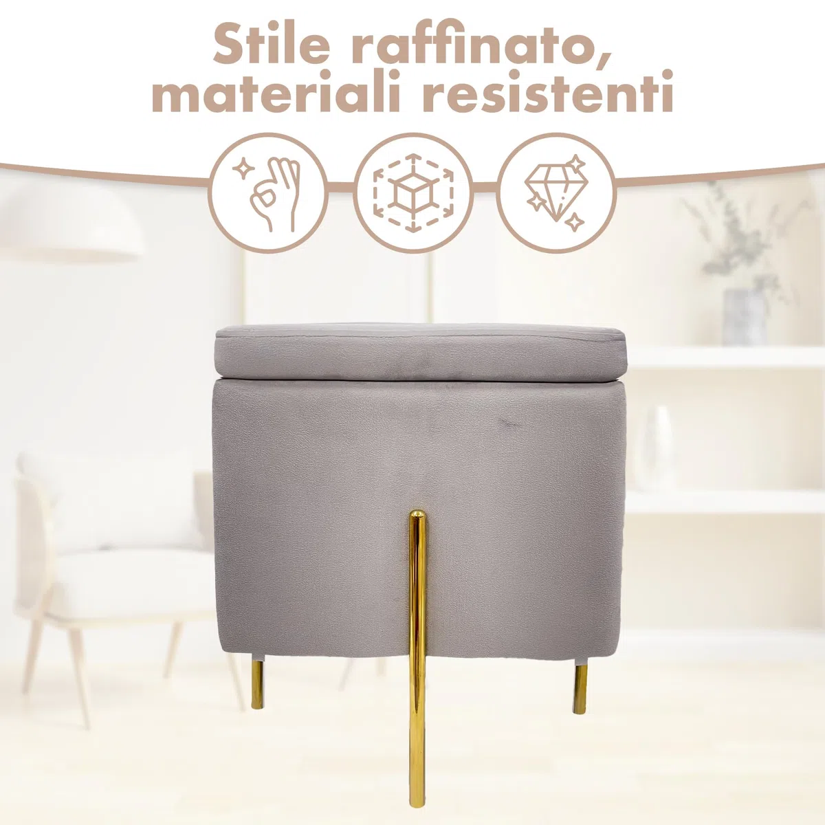 IlGruppone Pouf Contenitore in Velluto con Gambe in Metallo Oro – Poggiapiedi Moderno ed Elegante per Soggiorno, Camera e Ingresso - Grigio