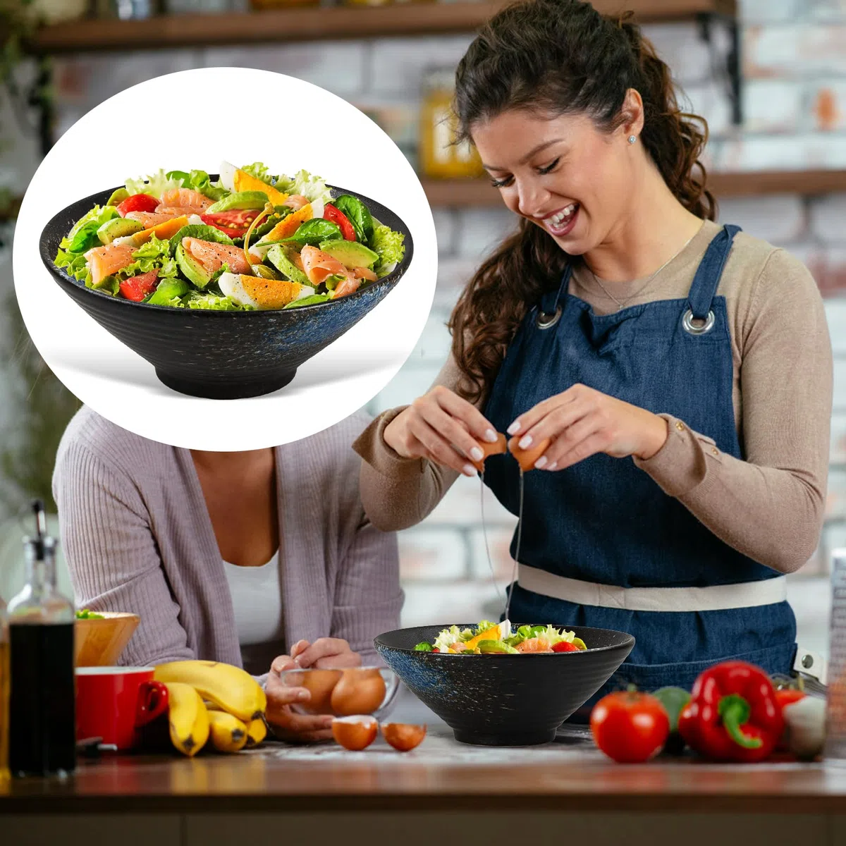 2 Ciotole Ramen in Ceramica 1000 ml, Ciotola Giapponese con Bacchette e Cucchiai per Zuppa Pho Udon Noodles Insalata, Compatibile Microonde Lavastoviglie Forno