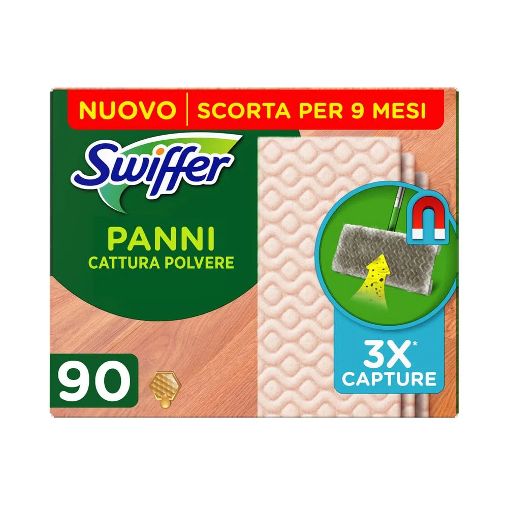Swiffer Panni Catturapolvere Di Ricambio Per Scopa Ideali Per Parquet 90 Pezzi, Per Catturare E Intrappolare 3 Volte Più Polvere, Sporco E Peli Di Una Scopa Tradizionale