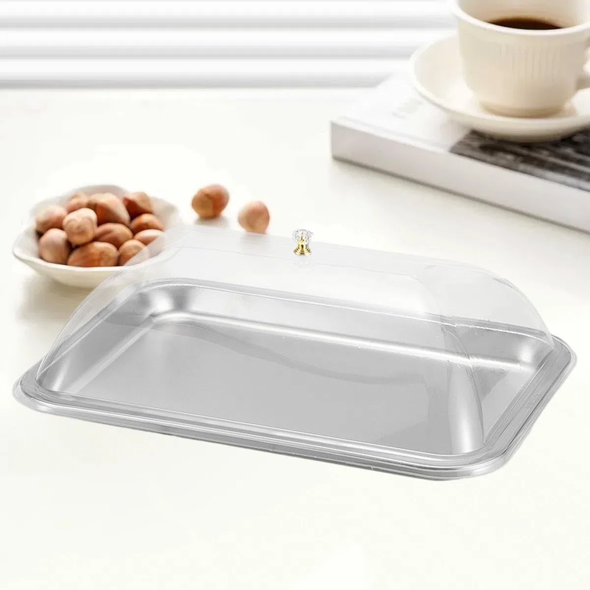 Vassoio per Torte Rettangolare con Coperchio PP Trasparente in Acciaio Inox, Piattino da Portata per Dessert Dolci Frutta, Facile da Pulire per RIST, Cucina e Ricevimento di Nozze, 40x30x2 Cm