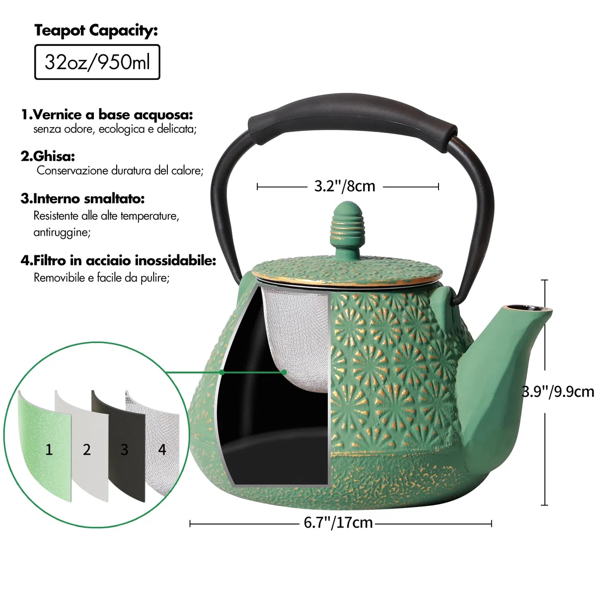 Teiera in Ghisa, 950ml Bollitore da Tè con Motivo Giapponese Sakura Blossom, Sicura per Piano Cottura, Infusore per Foglie Sfuse e Caffè, Manico in Silicone, Interno Smaltato, 950ml Verde