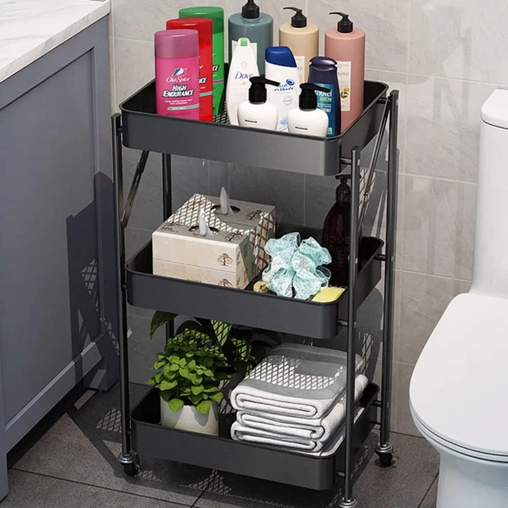 BAKAJI Carrello Cucina Pieghevole con 3 Ripiani Cestelli 4 Ruote girevoli a 360 Gradi con Freno Integrato in Metallo Trolley Salvaspazio da Servizio Dimensioni 29 x 40 x 76 cm (Nero)