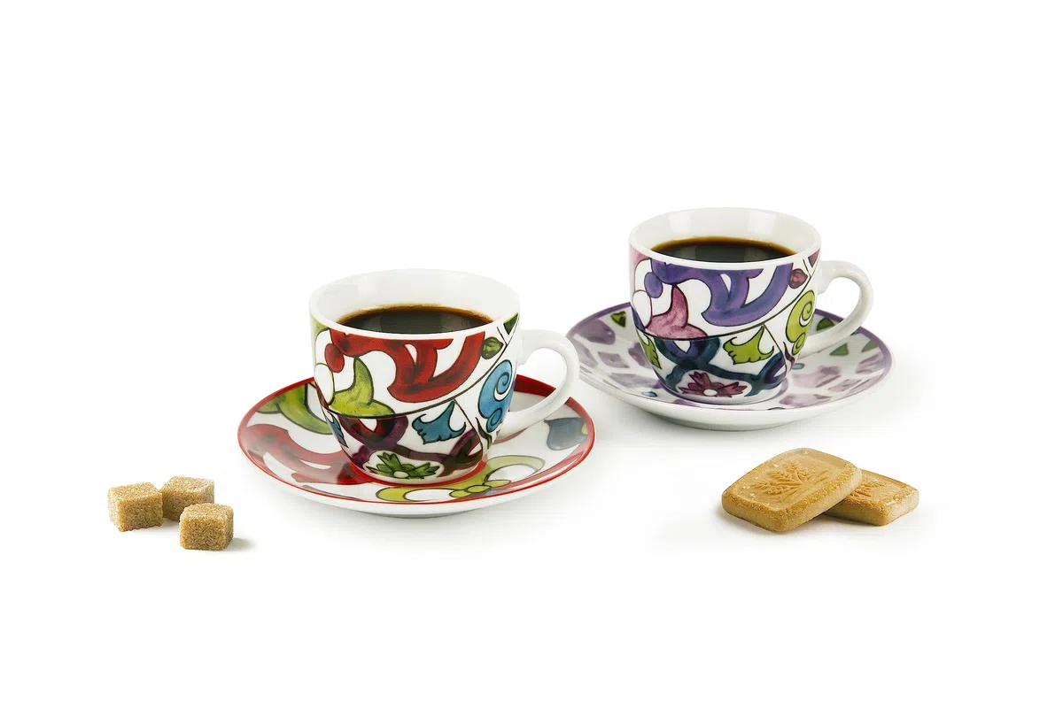 Excelsa Lisbona Set 6 Tazzine da caffè con Piattino, Porcellana, Multicolore