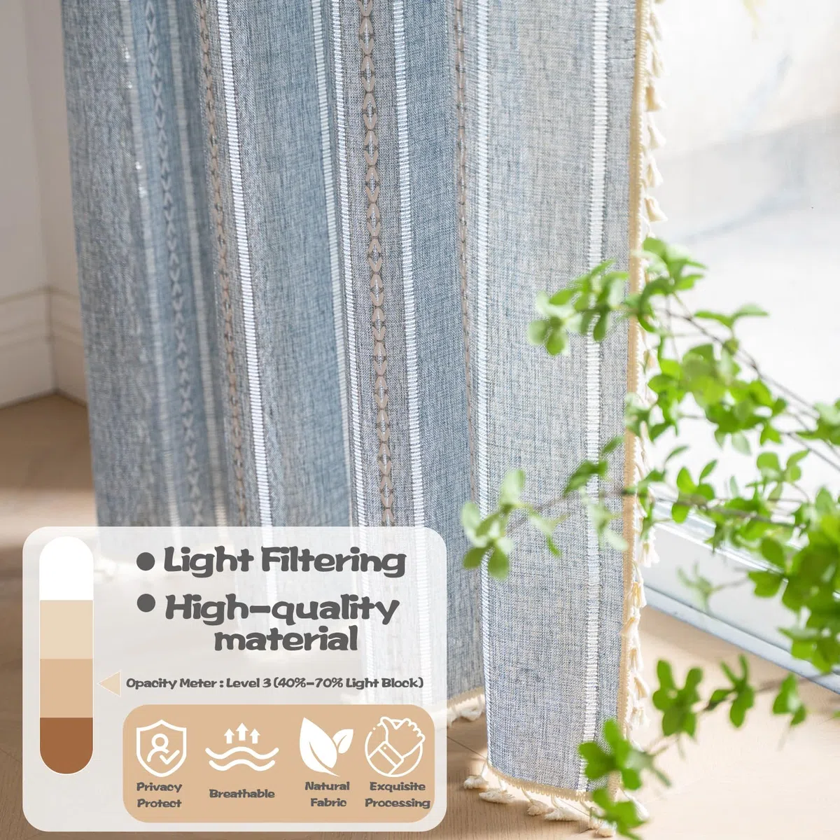 Sutuo Home Tende blu bohémien per camera da letto e soggiorno, semi-oscuranti, in lino a righe country francesi, vintage, shabby chic, con nappe, trattamento per finestre, 1 pannello, 132 cm di