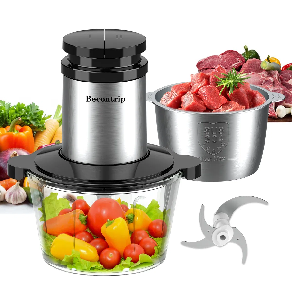 Tritatutto da Cucina Elettrico, 500W 2L Tritatutto Elettrico con Motore in Rame, 2 Ciotole (Vetro + Acciaio Inox), 4 Lame Affilate, 2 Velocità, Mini Frullatore per Carne/Verdura/Baby Food
