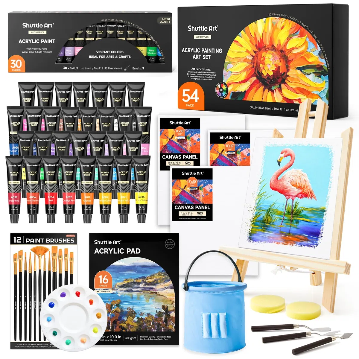 Shuttle Art Colori Acrilici per Dipingere 54 Pezzi, Set Pittura con 30 Colori, Cavalletto Pittura Legno, Tela, Pennelli, Tavolozza, Blocco da Disegno, Acrylic Paint per Bambini, Adulti Artisti