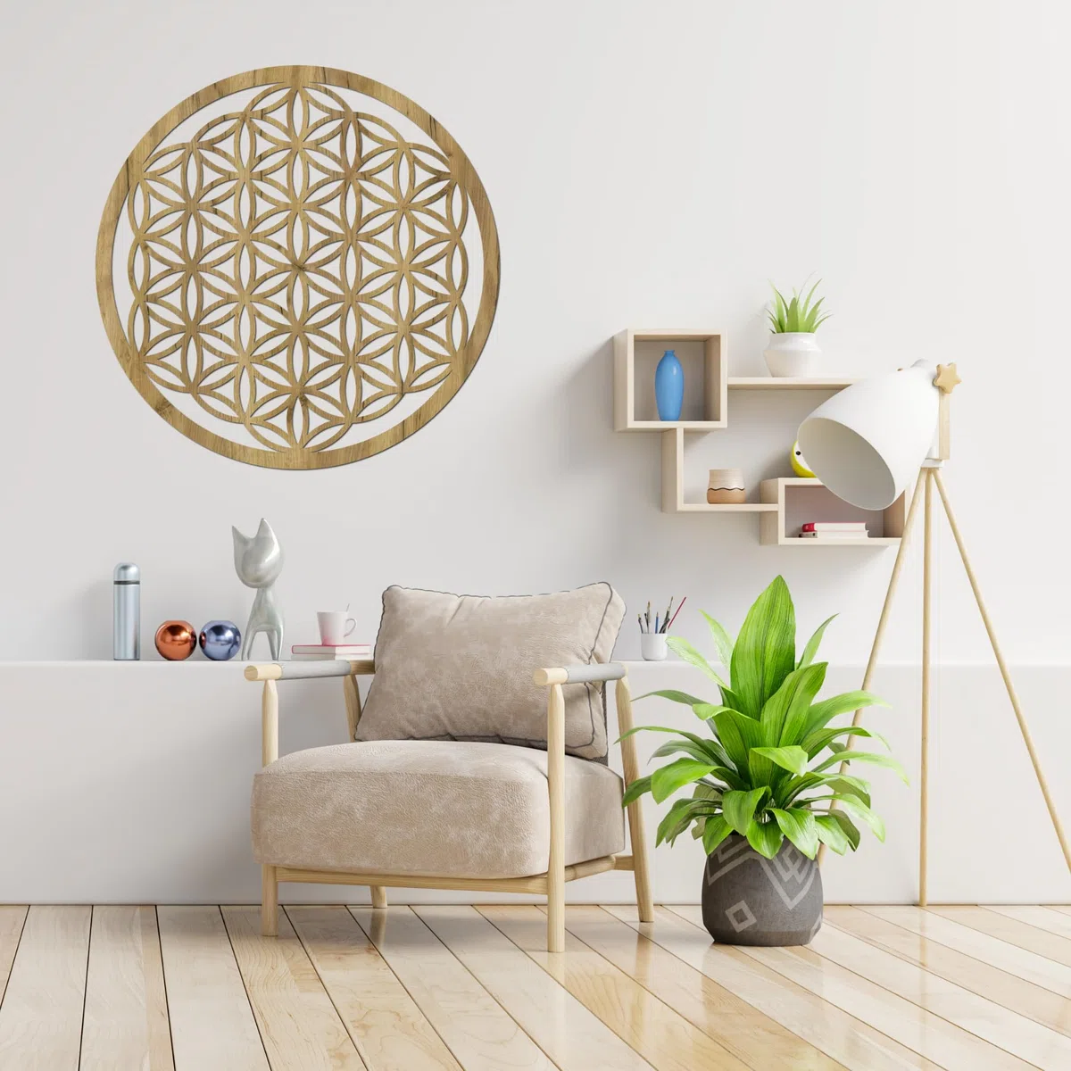 SENTOP HDF0168 Fiore della vita in legno, decorazione da parete con mandala, decorazione in legno (rovere dorato, 40 cm)