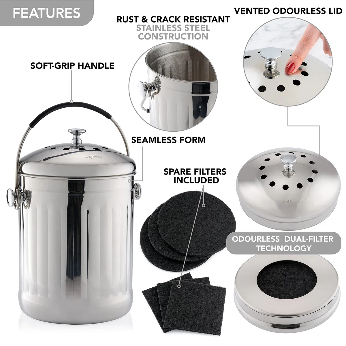 RED FACTOR Premium Compostiera da Cucina Inodore in Acciaio Inox - Filtri di Ricambio in Carbone Attivo Inclusi (5 Litri, Inox Lucido)
