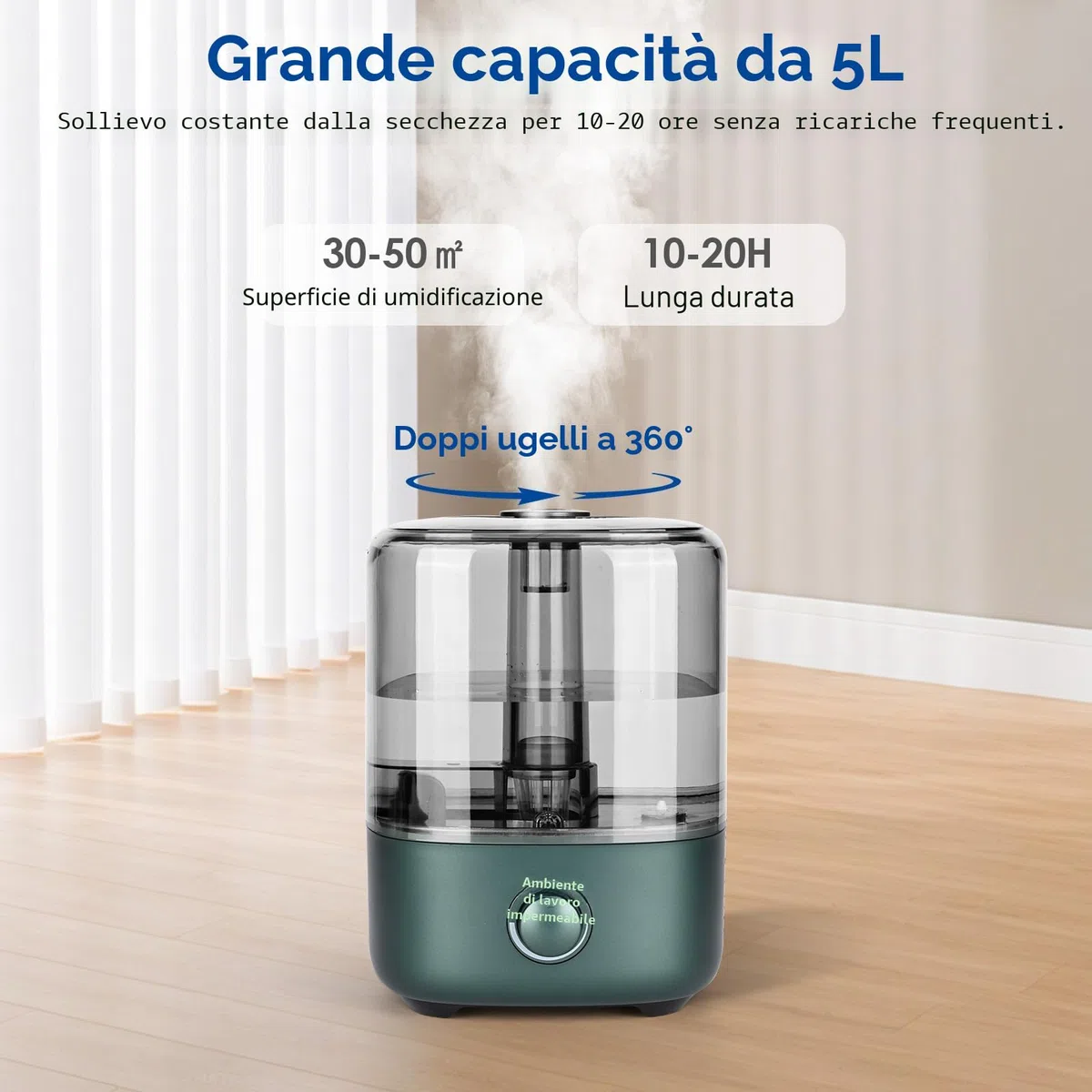 Umidificatore camera da letto 5 l, Vankarr Ultrasuoni 28 dB Silenzioso Air Humidifier TopFill Umidificatore per ambienti con ugello girevole a 360°, Aumenta l'umidità per cameretta dei bambini,
