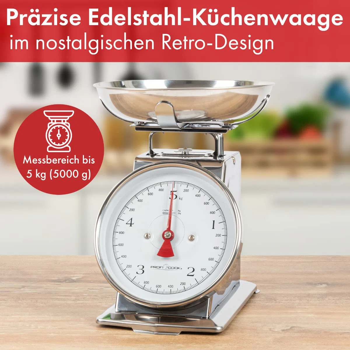 ProfiCook Bilancia da cucina analogica meccanica retrò fino a 5 kg con funzione Tara, facile da leggere PC-KW 1247